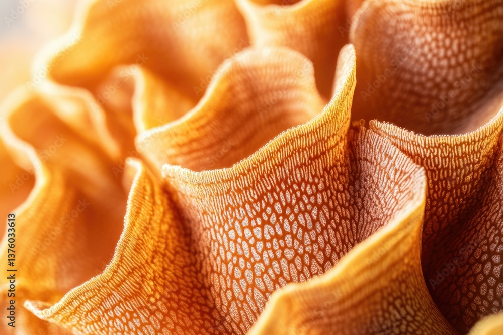 Poster detailed macro shot of vibrant orange coral polyp structure, showcasing intricate patterns and organ