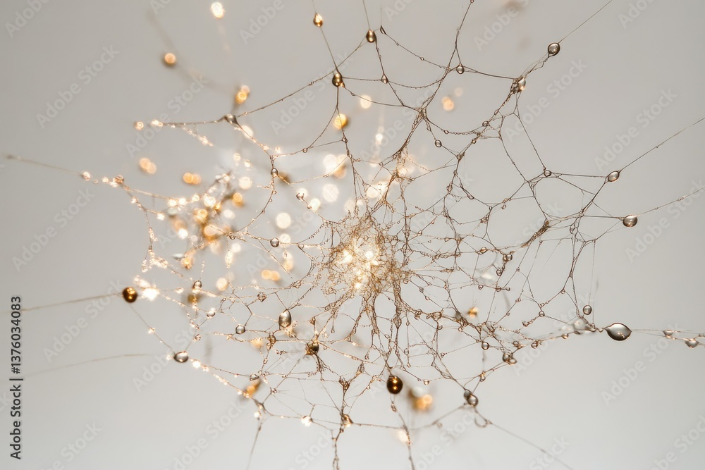 Poster delicate spiderweb covered in dewdrops, glittering with golden light, creating a mesmerizing and eth