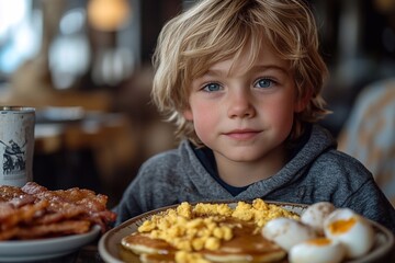 
A child turns away from a plate of porridge, upset and with a miserable grimace on his face.


