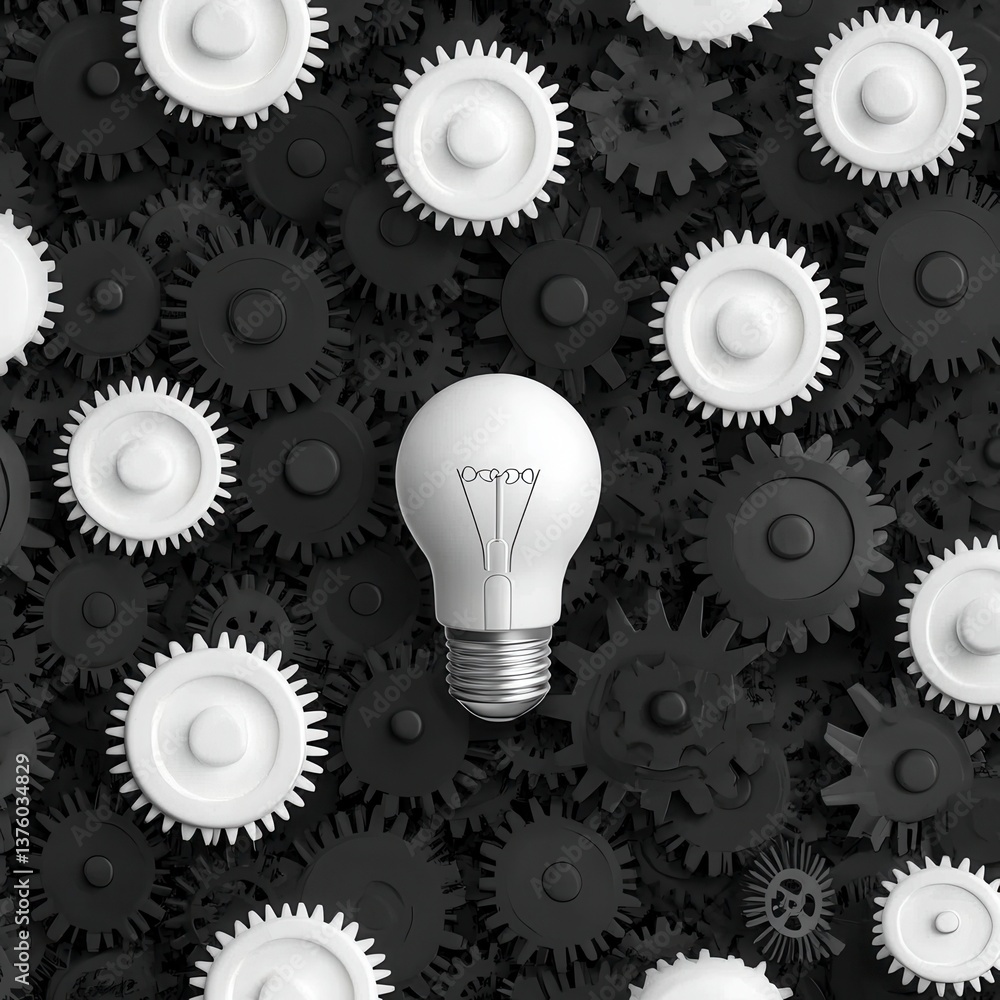 Poster a single light bulb rests among numerous interlocking gears, creating a visual metaphor for innovati