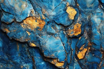 A close-up of rock strata with blue and gold veining creates a vibrant, abstract pattern with complex textures and striking colors.