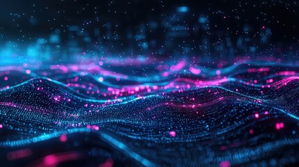 A glowing neon equation floating in a digital landscape.