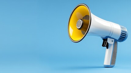 White megaphone with a yellow speaker on a light blue background. The megaphone is angled slightly to the right, suggesting an announcement or message.