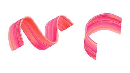 Abstract 3D brush ribbon with color stroke. Fluid red wave swirl in bright gradient. Pink cosmetic ink splash shape for modern motion design. Dynamic element isolated for creative wavy background