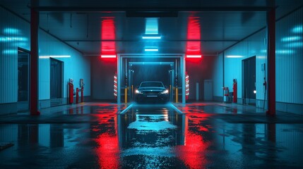 Futuristic car wash tunnel with vibrant neon lighting and reflective surfaces