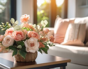  close up of artificial flowers bouquet arrange for decoration in home