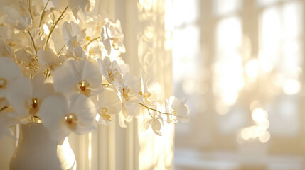 Fototapeta premium Elegant white orchids in a bright, warm interior setting 