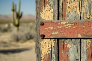 Rustic wooden door with peeling paint and a desert landscape backdrop, embodying the essence of the Southwest.