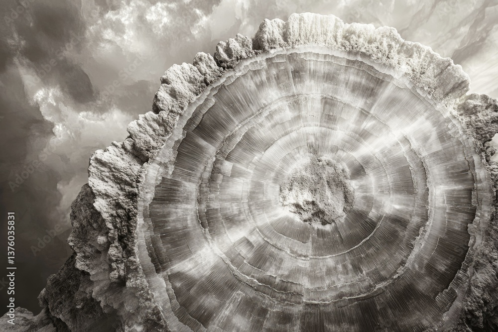 Poster monochrome close-up of a large round mineral formation with layered texture against a cloudy, ethere