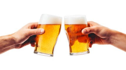 Two hands toasting cold beer glasses, celebration moment, cut out transparent