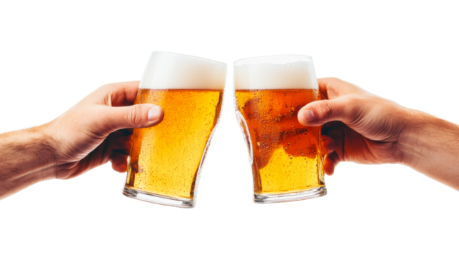 Two hands toasting cold beer glasses, celebration moment, cut out transparent