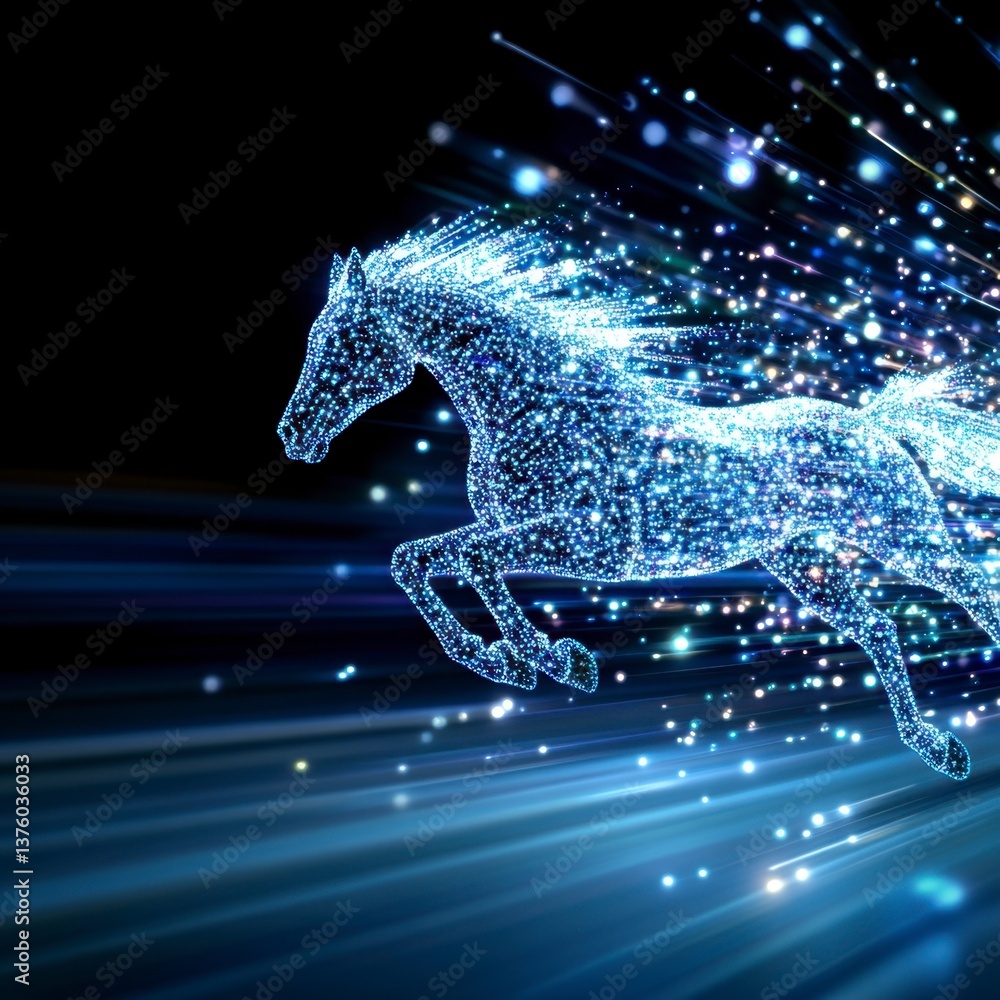 Poster abstract image of a horse rendered in glowing blue particles, galloping across a dark background wit