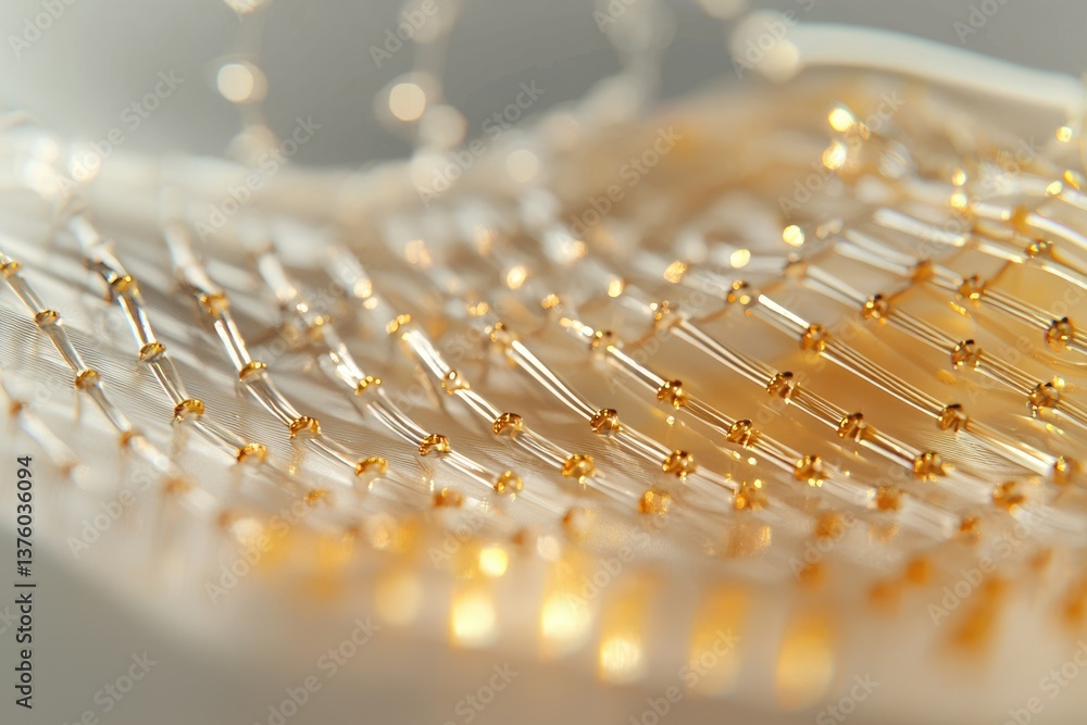 Poster delicate, golden beads strung on thin, clear lines create a shimmering, textured pattern with a soft