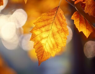 Obraz premium Close-up of a yellow autumn leaf. A bright orange tree changes with a blurred bokeh backgrou.