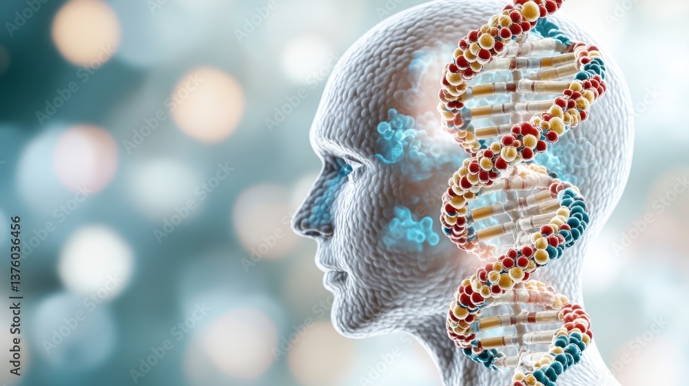 Poster profile view of a 3d rendered human head with a dna double helix model emerging from the brain again