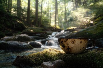 A tranquil scene of a ceramic mug sitting on moss beside a flowing stream in a sunlit forest.