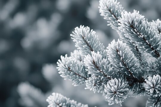Close-up shot of evergreen branches covered in frosty ice, creating a beautiful winter scene in nature.