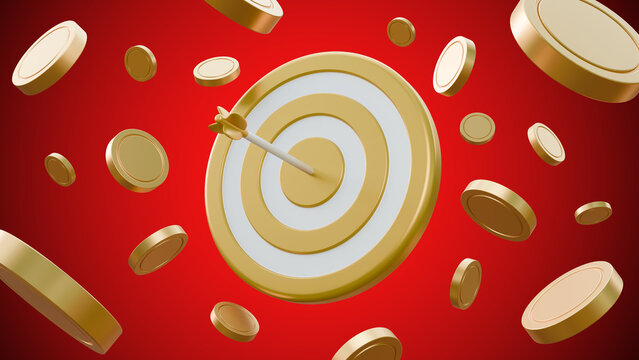 Floating golden target and arrow with gold coins on red background. You win prize banner on red background. Loyalty program and get rewards. Money prize reward. Casino or online game winner. - Powered by Adobe