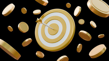 Floating golden target and arrow with gold coins on black background. You win prize banner on black background. Loyalty program and get rewards. Money prize reward. Casino or online game winner.
