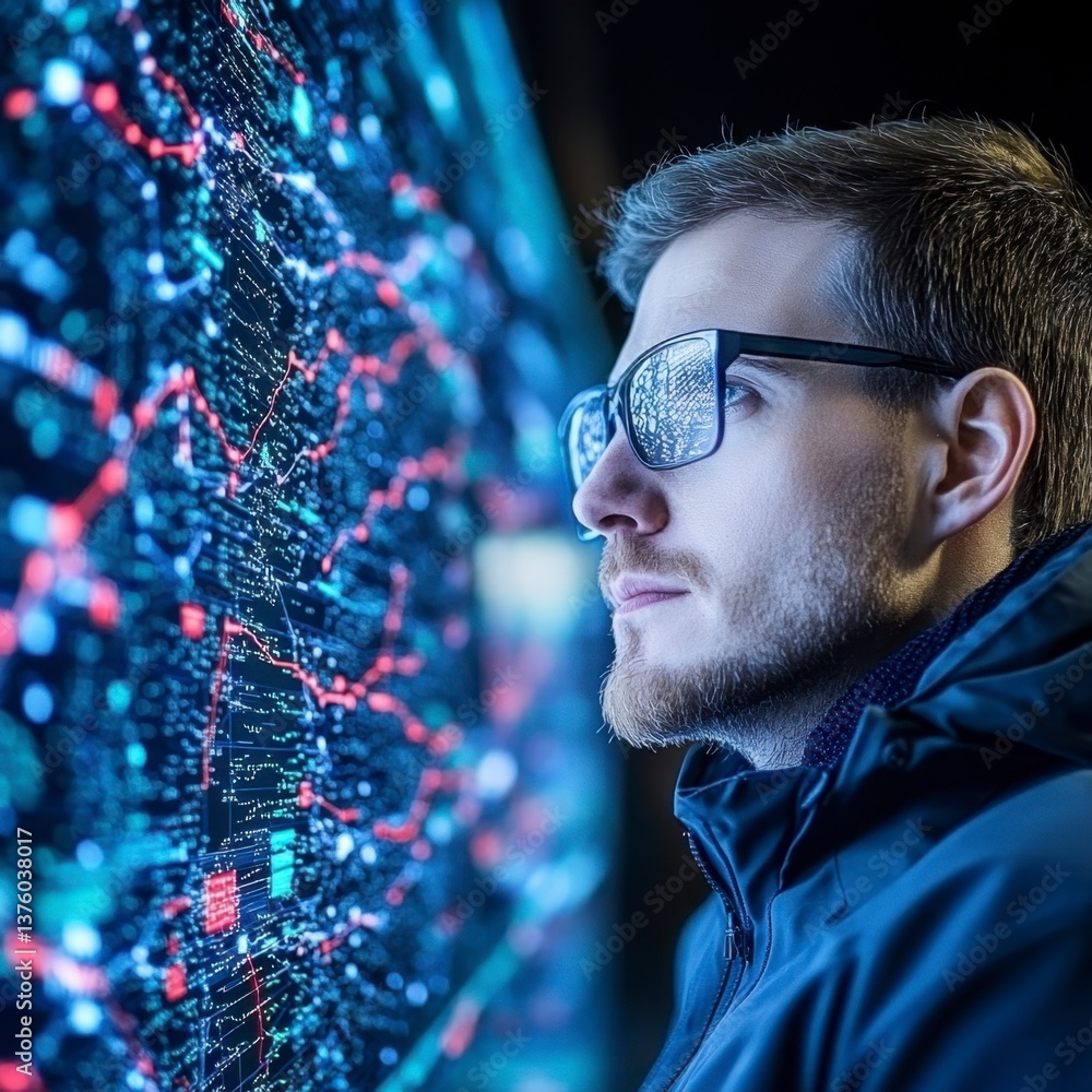 Poster a man wearing glasses studies a large digital display filled with glowing lines and data points. the