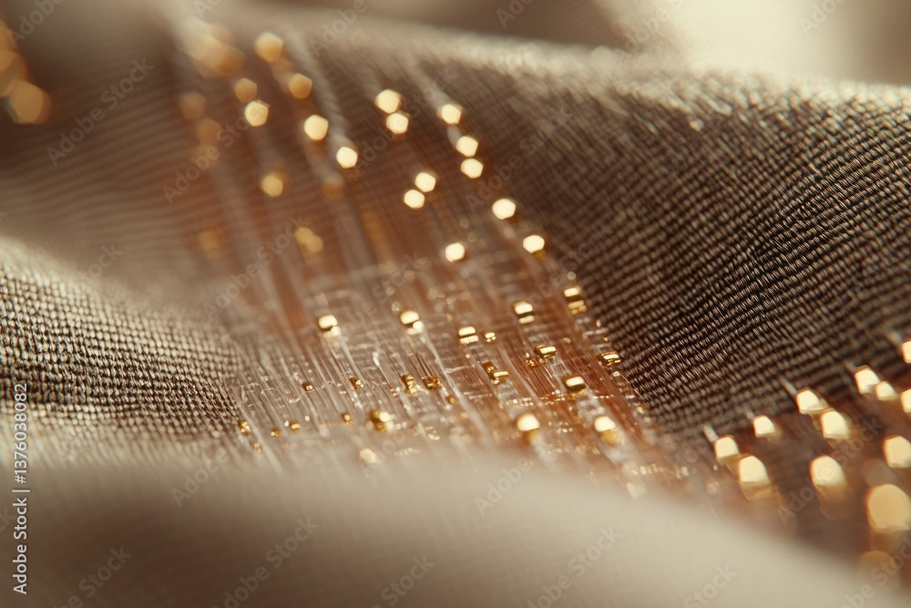 Poster macro shot showcasing a textured fabric with embedded fiber optic lights creating a luminous, futuri