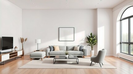 A bright and airy living room interior with a modern sofa, a tv, and natural light pouring in through a large window.  It features a comfortable, inviting atmosphere