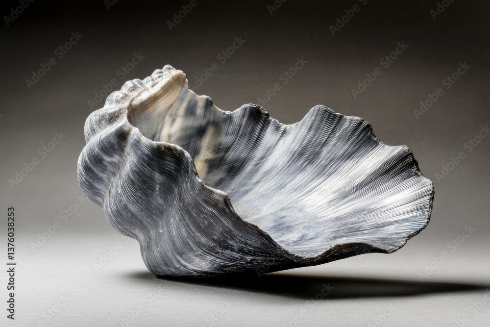 Poster striking seashell with intricate striped patterns, beautifully lit to emphasize its texture, set aga
