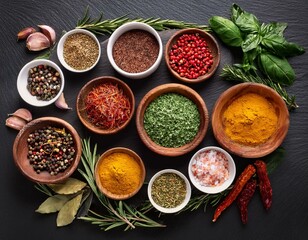  Colourful various herbs and spices for cooking on dark background