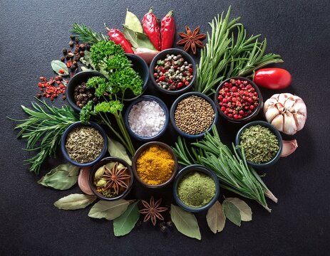  Colourful various herbs and spices for cooking on dark background
