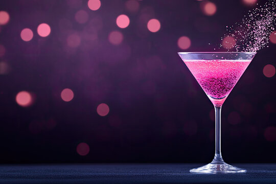 A vibrant pink cocktail sparkles under a dazzling purple bokeh, a celebratory drink for a glamorous evening.
