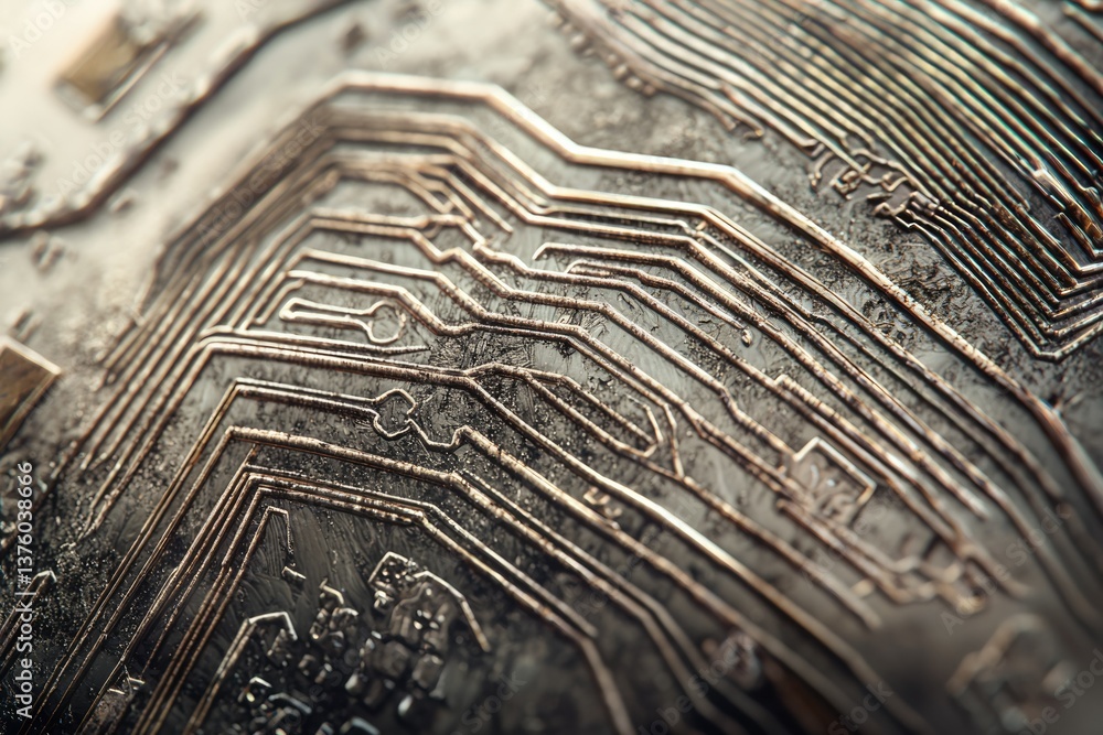 Poster detailed macro shot of a complex, metallic circuit board showcasing intricate pathways and technolog