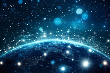 Obraz premium A digital world with glowing lines connecting cities, representing global connectivity and data flow in a networked society
