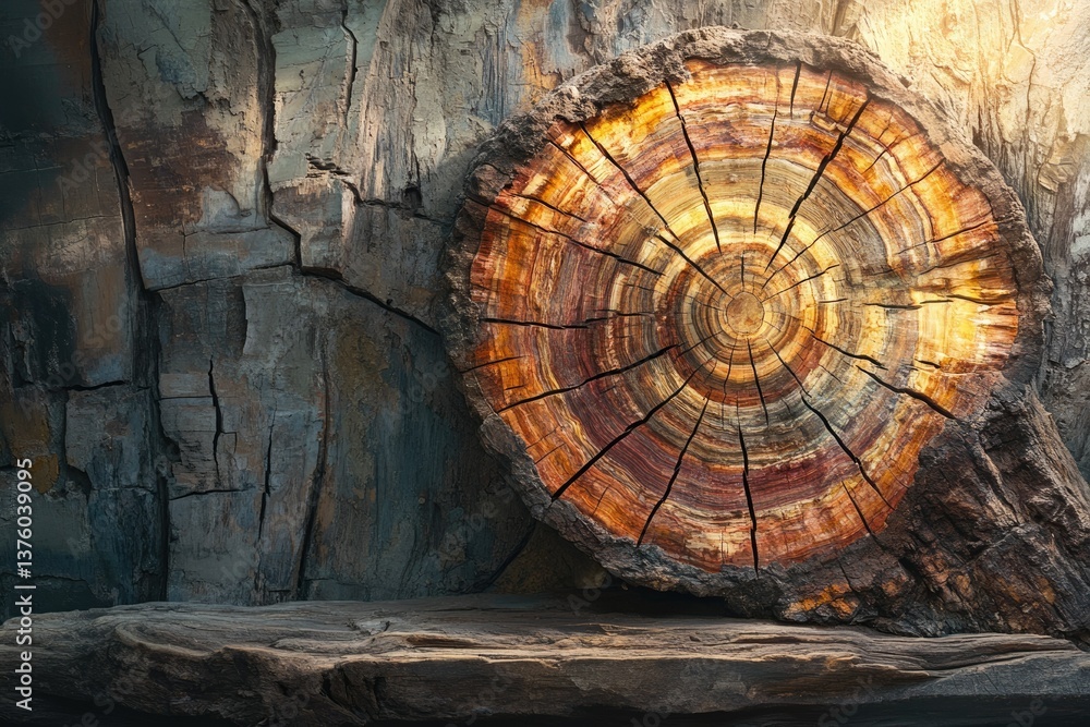 Poster a textured composition features a cross-section of a tree trunk with visible rings, against a backgr