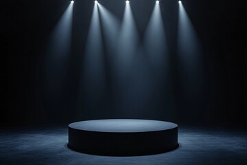 A solitary pedestal bathed in dramatic spotlight, ready for a momentous unveiling, under a dark and moody atmosphere.