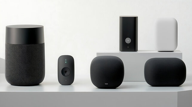A row of smart speakers and a camera sit on a table