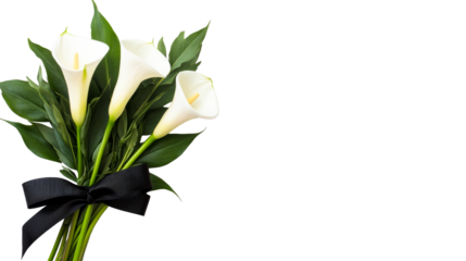 White callas with black ribbon on transparent background, cut out transparent