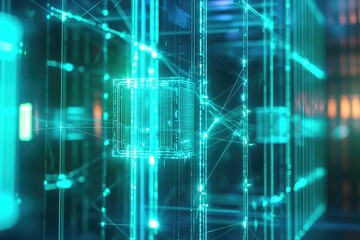 Obraz premium A digital representation of data processing, featuring interconnected nodes and geometric structures in a futuristic and technological style with bright cyan lights.