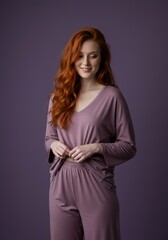 Fototapeta premium Young female with red hair in casual outfit against purple background