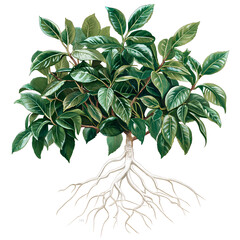 A large clump of Camellia branches with green leaves and white roots, transparent background PNG 