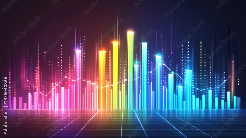 Poster abstract data visualization with blue gradient bar graph and yellow line chart on dark backdrop