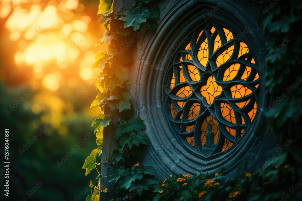 Aufkleber sunlight streams through a rose window on a stone building, adorned with ivy, creating a mystical an