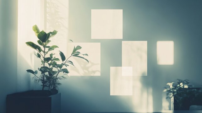 Sunlit Room with Plant and Square Overlays Creates a Modern and Serene Aesthetic, Background  Evoking a Sense of Tranquility and Contemporary Design