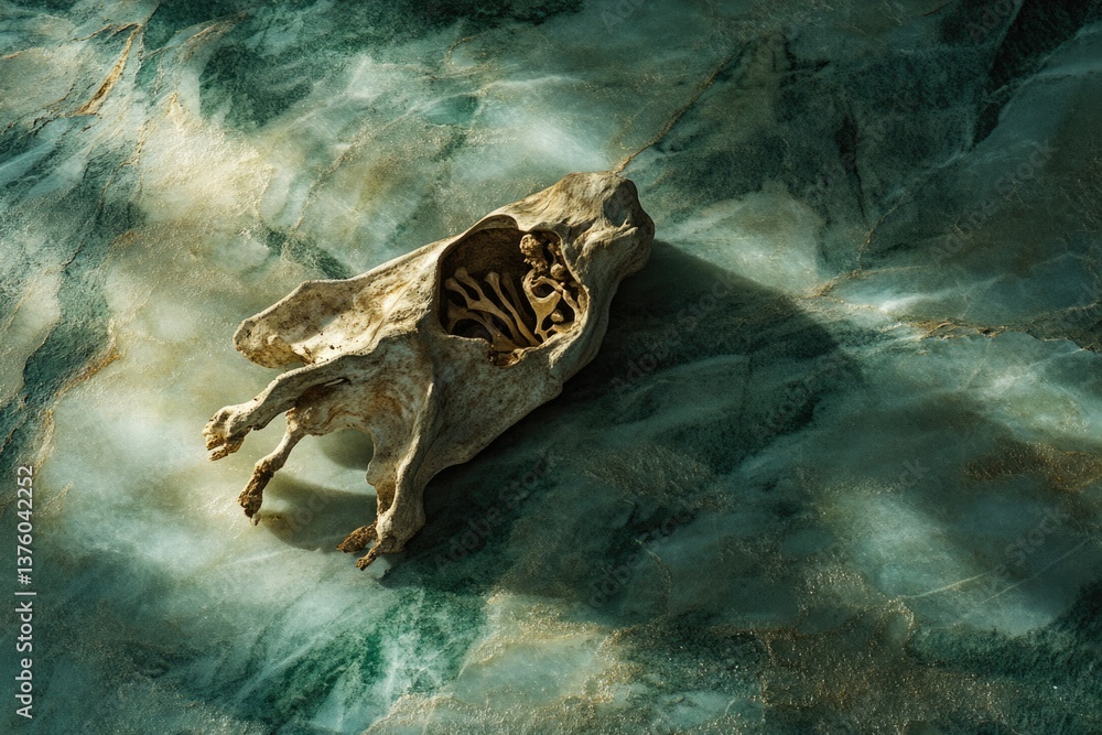 Poster a fossilized skull with intricate inner bone structure resting on a textured, marbled, blue-green st