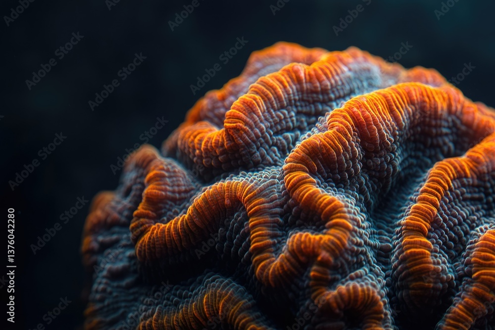 Poster macro image displaying intricate coral, showcasing orange ridges and grey textures against a dark, b