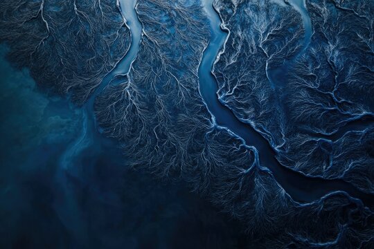 Aerial view of branching rivers and streams creating a dendritic pattern on a dark, moody, and textured background.