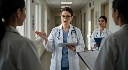 Obraz premium Female doctor leading medical team meeting in hospital corridor