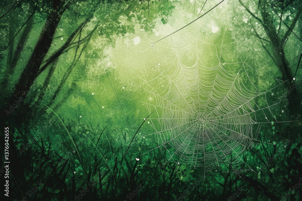 Poster a forest scene with vibrant green hues features a dew-covered spiderweb illuminated by light filteri