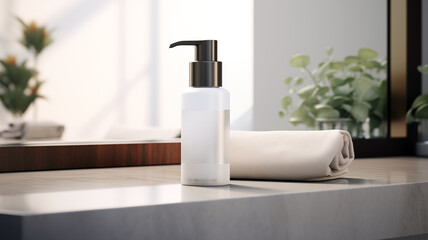 White lotion bottle with black pump sitting on marble bathroom counter beside folded white towel and small green plant with wooden accents in calm spa like setting