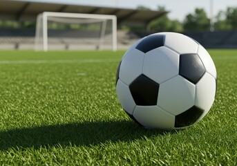 Fototapeta premium Soccer ball on well-kept field in preparation for an upcoming match