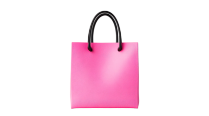 Elegant pink shopping bag with black handles on black background, cut out transparent